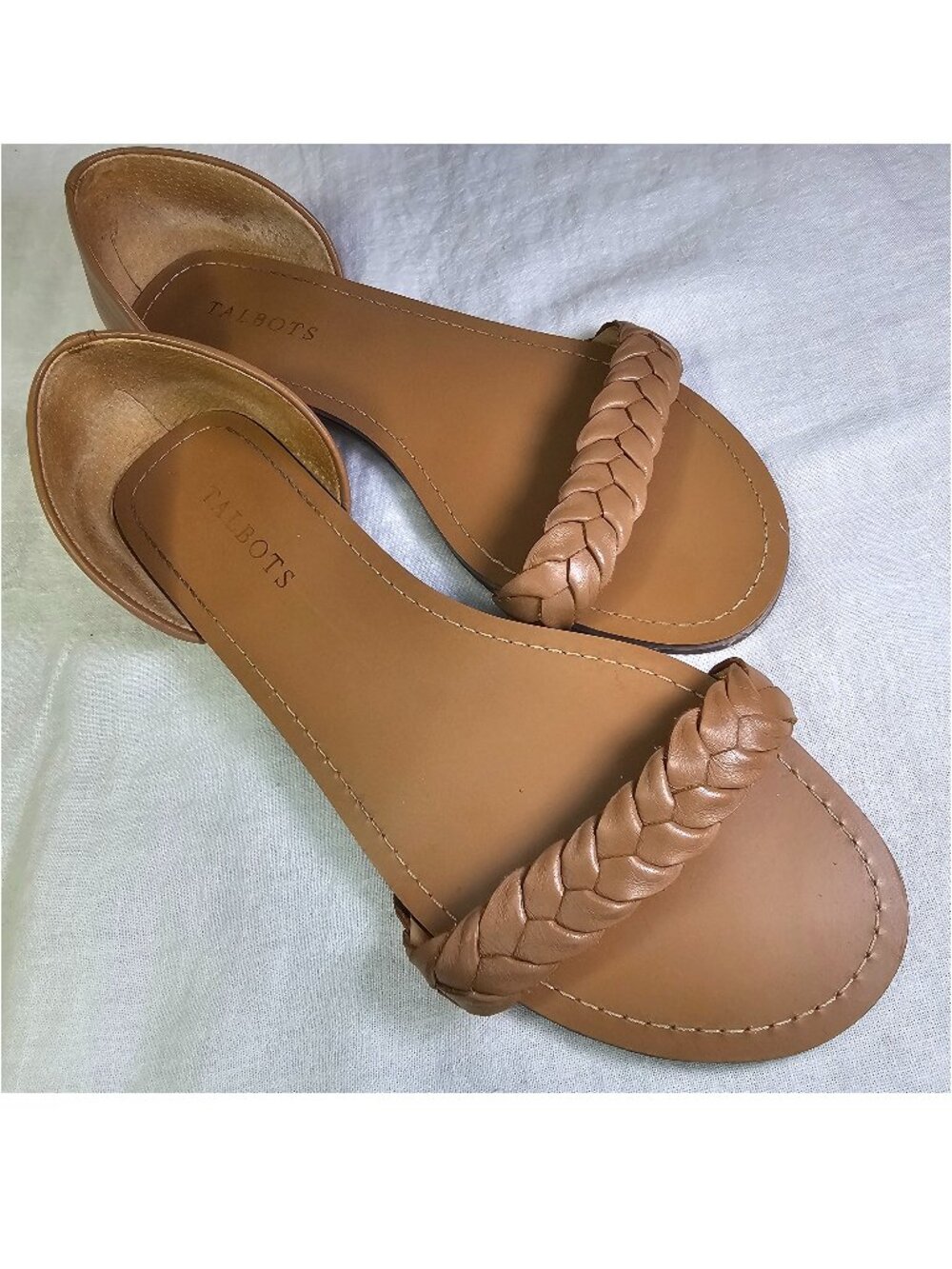 Talbots Lulu D’Orsay Braided Leather Strap Flat Open Toe Sandals 8M Soft Cognac